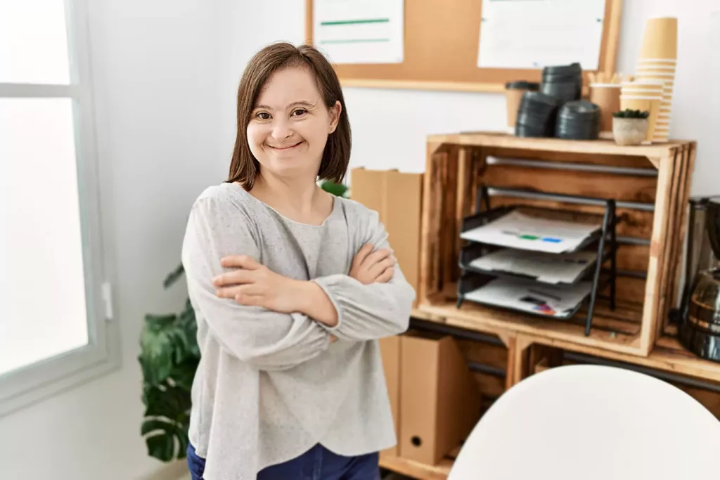 A disabled woman smiling